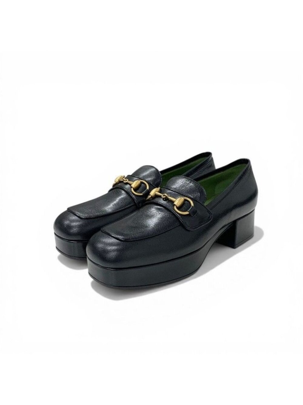 Gucci Loafers Leather Shoes Black Gold Horsebit Platform